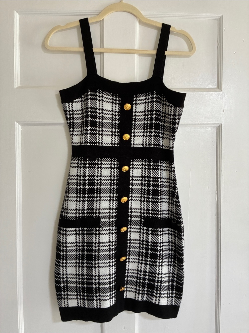Coco and Shay Black & White Plaid Knit Tank Dress with Gold Buttons Size M